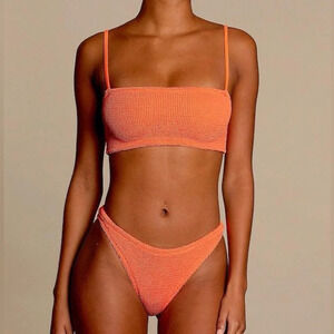New Hunza G Gigi Bikini SET Orange Seersucker Swimsuit Crinkle Tangerine